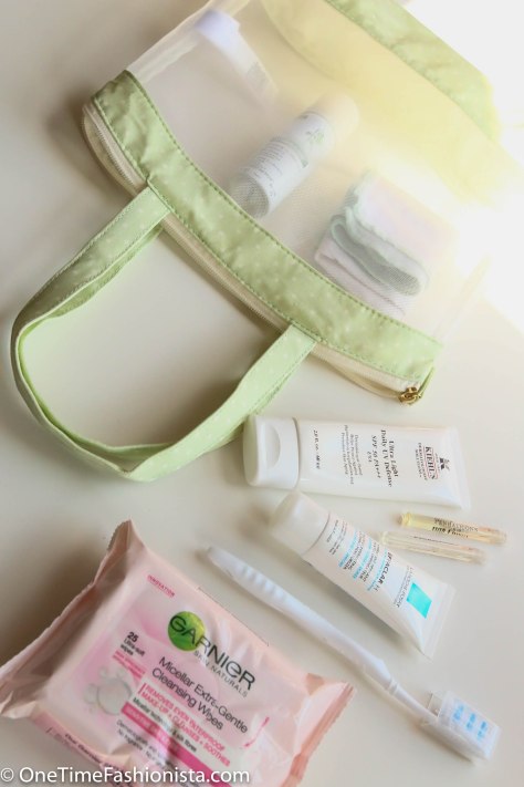 Buy travel size toothpaste, face wash etc. and pack them all in a transparent travel-toiletries-kit. Make use of those sample bottles you got free from the store last time when you bought perfume